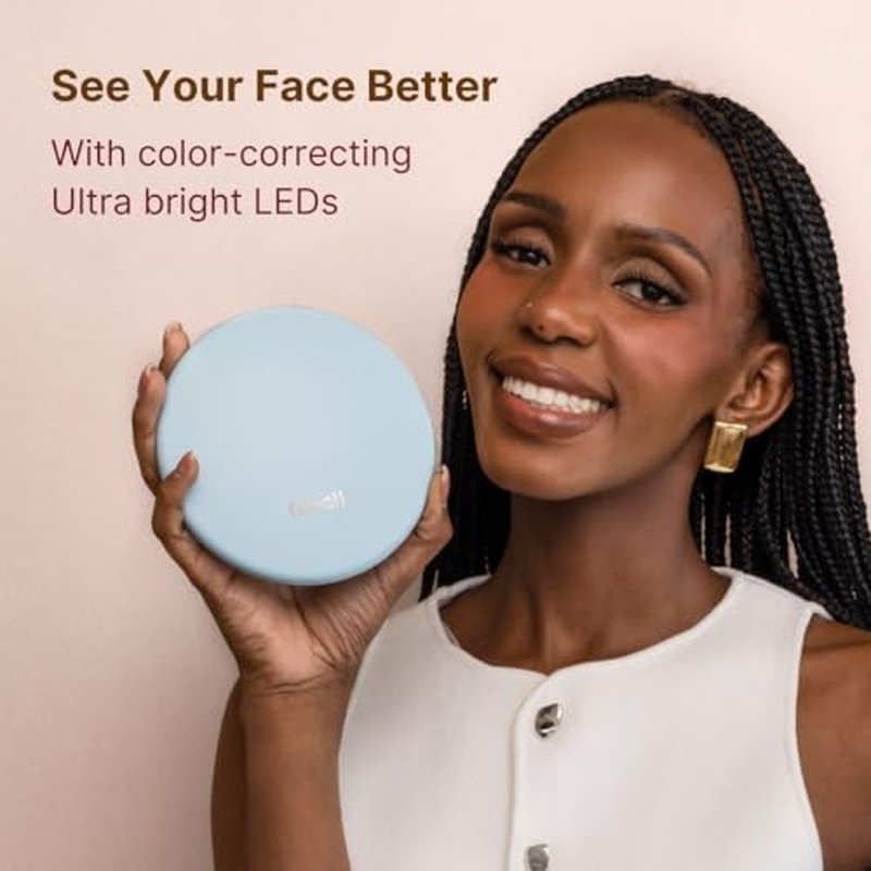 Fancii Taylor Rechargeable Compact Makeup Mirror with LED Lights, 10x /1x Magnifying, 3 Light Settings, Large 5¡± Wide | Travel Mirror for Purses (Soft Sky)