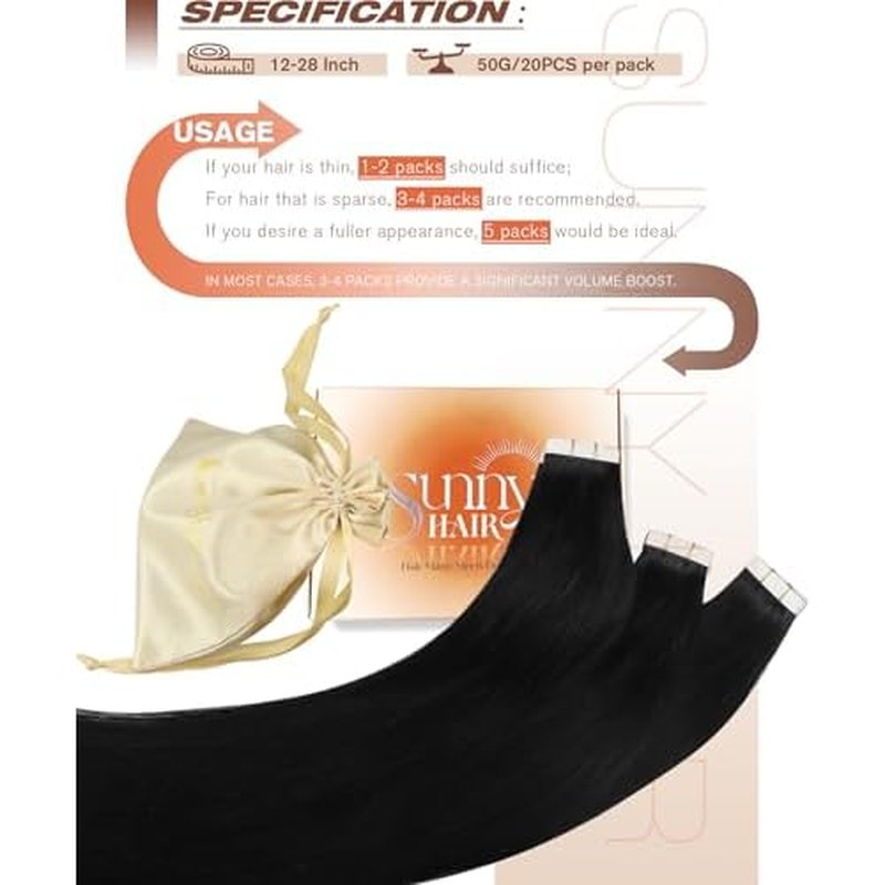 Sunny Hair Tape in Hair Extensions Human Hair 26inch Hair Extensions Real Human Hair Tape in Extensions for Women Jet Black Invisible Remy Hair Natural Straight Skin Weft Double Sided Tapes 20Pcs 50g