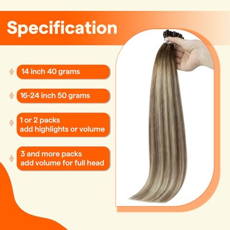 Full Shine U Tip Hair Extensions Human Hair 24 Inch Medium Brown Fading to Honey Blonde Highlighted Ash Brown K Tip Hair Extensions Real Human Hair 50 Grams Prebonded Fusion Extensions add Length