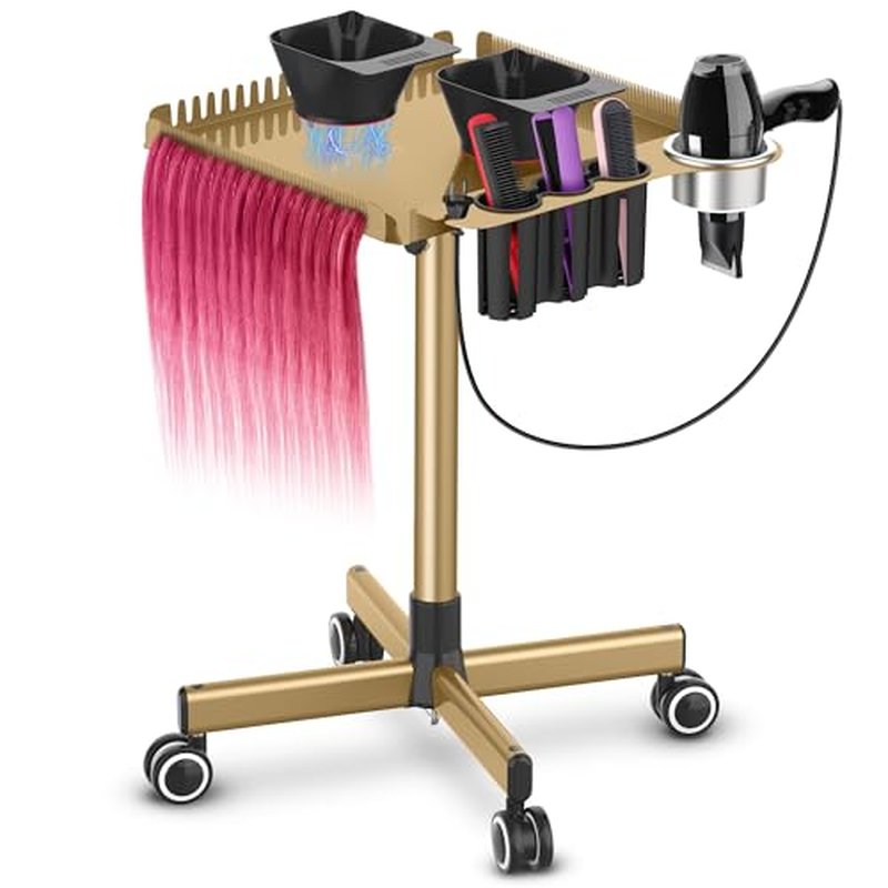 TASALON Gold Salon Tray on Wheels ? Salon Rolling Tray Set with Magnetic Hair Dye Bowl, Heat-Resistant Tool Rack, Hair Extension Holder for Styling, Rolling Tool Cart & Hair Salon Station Organizer