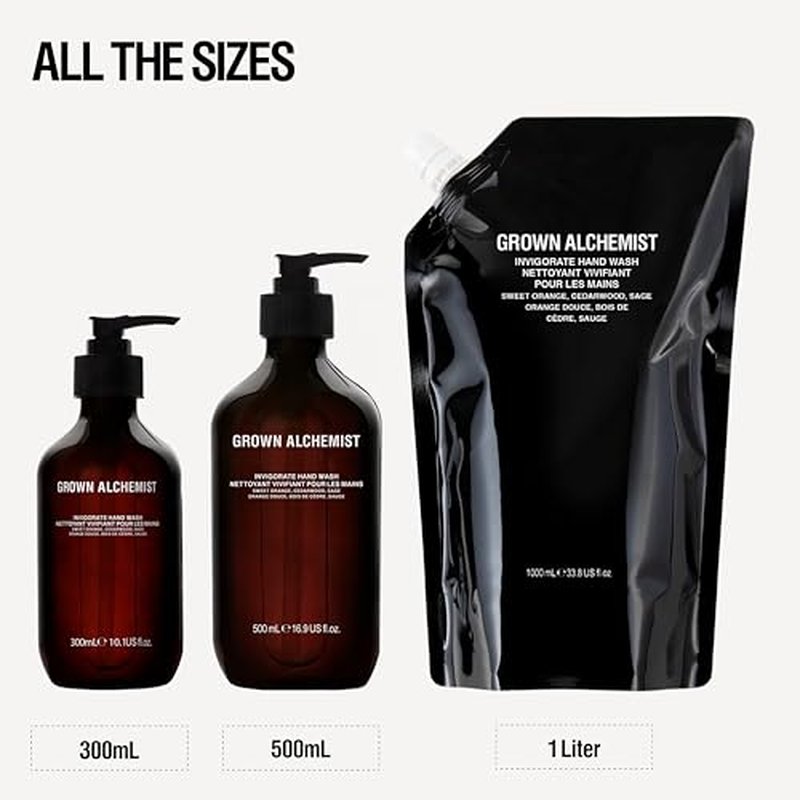 Grown Alchemist Invigorate Hand Wash + Refill Set ? Liquid Hand Soap with Aloe, Sweet Orange, Cedarwood & Sage ? Gentle, Moisturizing Kitchen & Bathroom Soap, Natural Plant Based Gel Cleanser