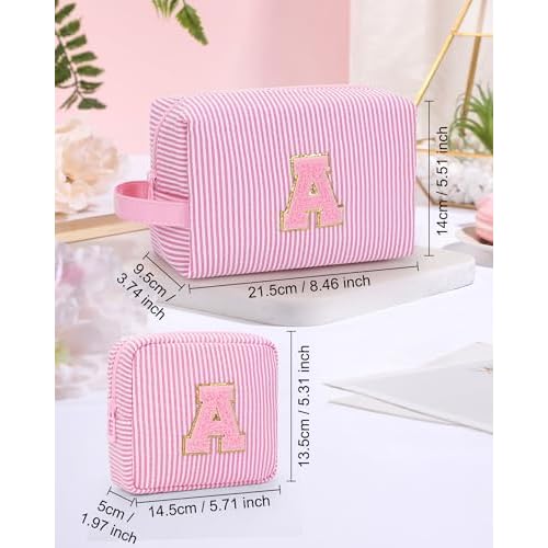 MONSTINA Initial Makeup Bags for Women|Cosmetic Bag for Travel Toiletry - Birthday Gifts for 11 12 13 14 15 16 17 18 Years Old Girls- Graduation Teen Girl Gifts Trendy Stuff Teacher Gift,2PCS,Pink S