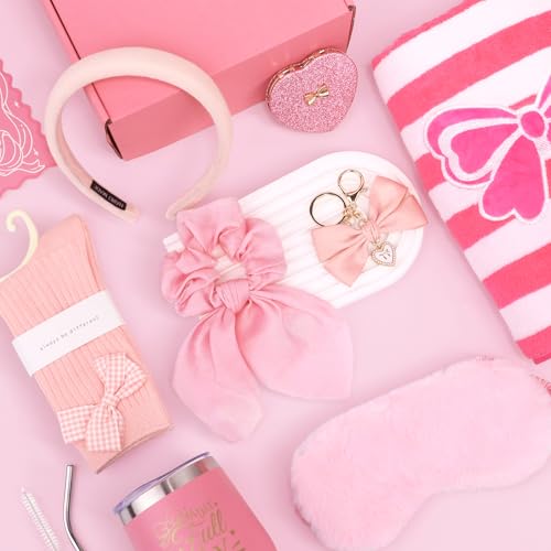 Birthday Gifts for Women Friendship Unique - Pink Bow Birthday Gifts for Teen Girls - Self Care Get Well Soon Presents Basket for Mom Sister Friend Bestie Wife Her Girlfriend Coworkers