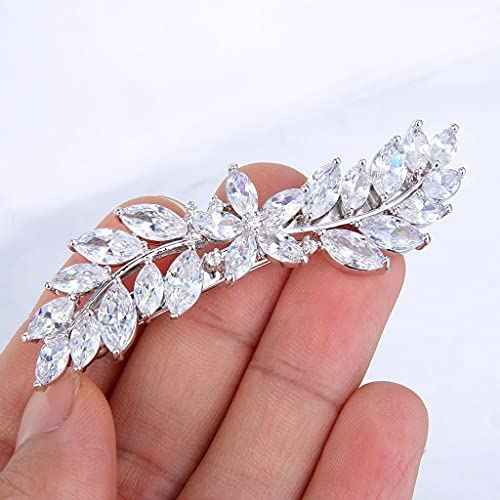 EVER FAITH Women's Wedding Barrettes CZ Marquise-Shaped Hibiscus Flower Leaf Hair Styling Tools Accessories Clear Silver-Tone