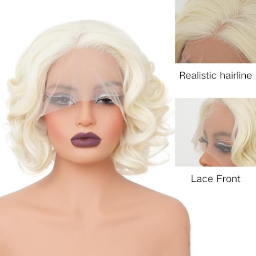 Blonde Short Curly Lace Front Wig for Women Platinum Synthetic Hair Natural Hairline Wigs for Cosplay Daily Party Use