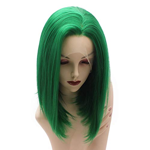 iwonawig Iewig Short Bob Straight Green Wig Half Hand Tied Synthetic Lace Front Heat Friendly Fiber