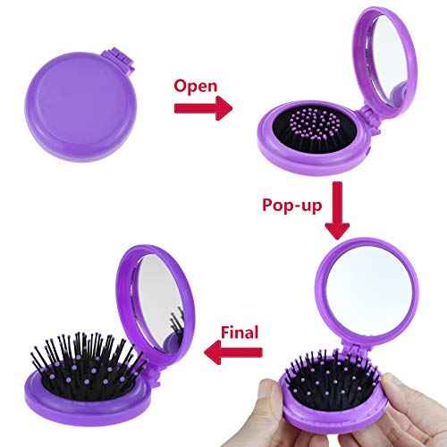 Heliltd 10pcs Folding Travel Mirror Hair Brushes Round Mirror Pocket Hair Brush Portable Mini Colourful Pop Up Hair Brushes Wet and Dry Hair for Women Girls Kids Hair Brush