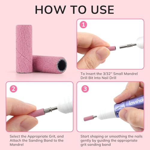 Lavinda Small Sanding Bands Nail Drill Bit, 80 Piece Extra Fine Sanding Bands for Nail Drill with 3.1mm Mandrel Bit for Acrylic Nails Gel Removing Shaping Polishing Nail Salon Use (240 Grit, Pink)