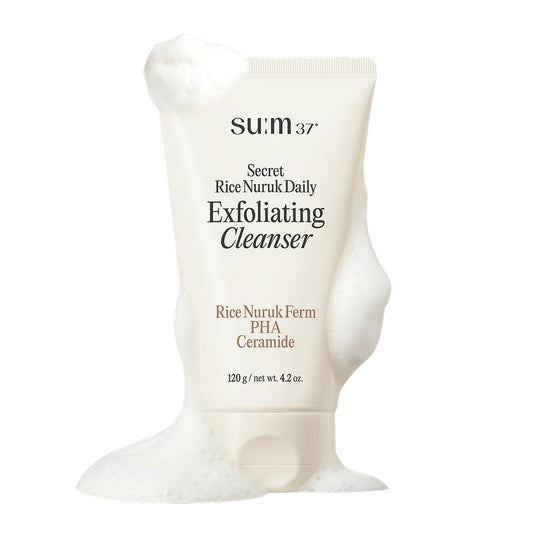 SU:M Secret Rice Nuruk Daily Exfoliating Cleanser (4.23 fl oz) - Korean Skincare Gentle Scrub Foam Cleanser with Rice Nuruk Extract, PHA, and Melting Ceramide for Hydration and Smooth Skin.