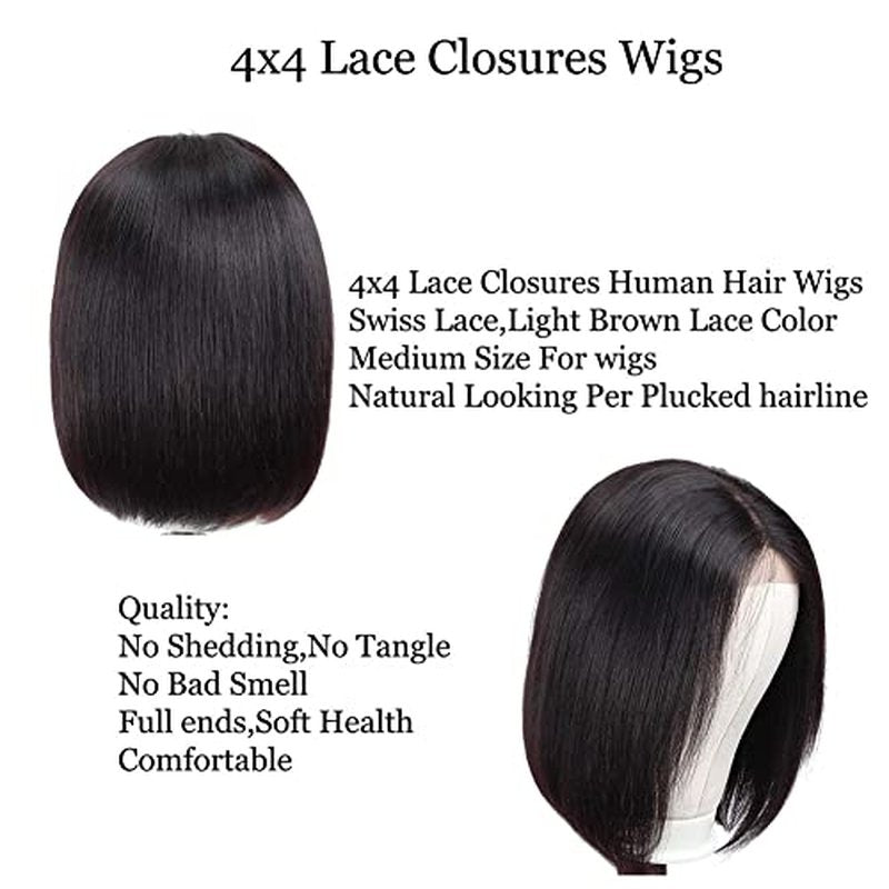CHUDI 4x4 Bob Closure Wigs Human Hair 180% Density Glueless HD Lace Straight Bob Wigs Pre Plucked Natural Hairline Unprocessed Brazilian Human Hair for Women 14 inch