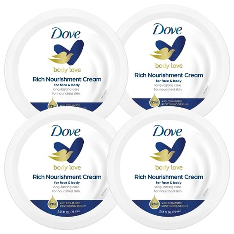 Dove Nourishing Body Care, Face, Hand, and Body Rich Nourishment Cream for Extra Dry Skin with 48-Hour Moisturization, 4-Pack, 2.53 Oz Each Jar