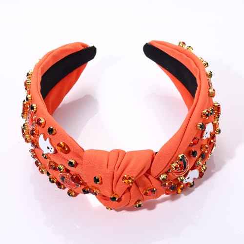 Halloween Headband for Women Spooky Pumpkin Spider Ghost Headband Jeweled Rhinestone Crystal Knotted Headbands Embellished Wide Top Knot Headbands Halloween Hair Accessories Gifts (Ghost&Pumpkin)