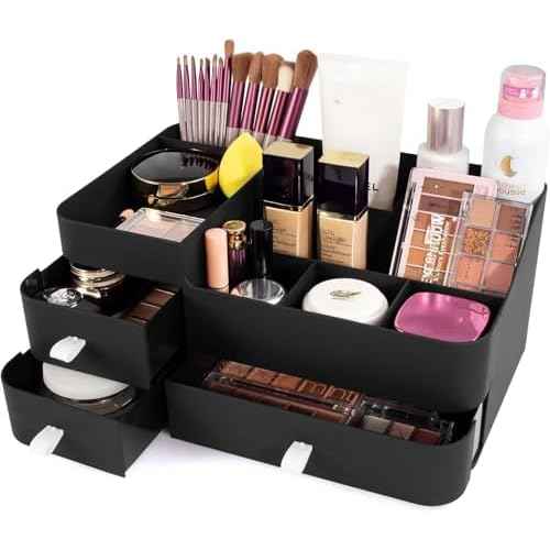 Makeup Organizer for Vanity, Large Countertop Organizer with Drawers, Cosmetics Storage for Skin Care, Brushes, Eyeshadow, Lotions, Lipstick,Nail Polish.Great for Dresser, Bathroom, Bedroom, Black