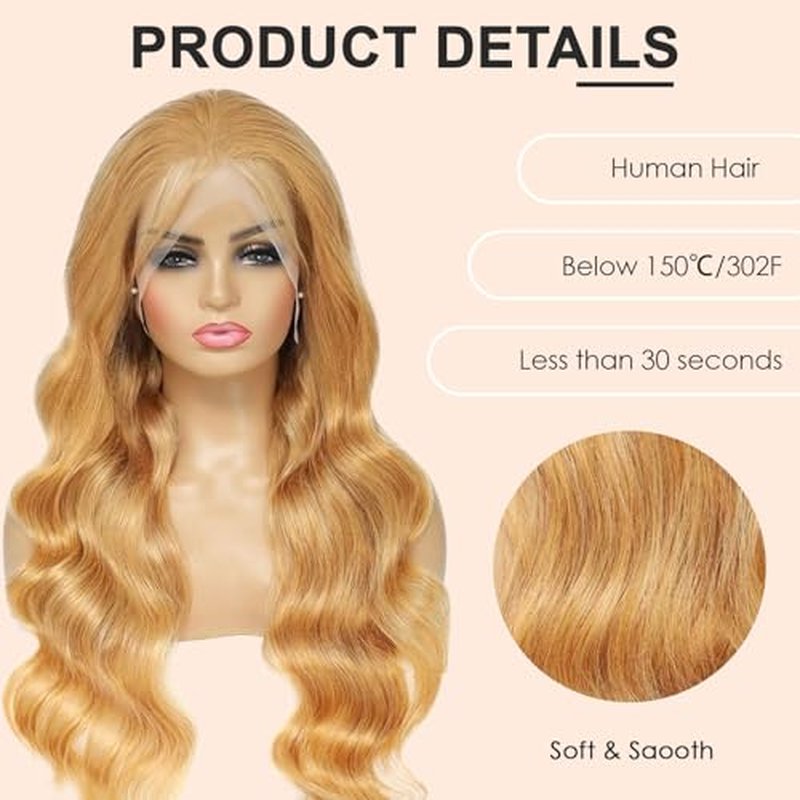 26 Inch Blonde Wig Human Hair 200 Density Honey Blonde Body Wave Lace Front Wigs Human Hair Pre Plucked 27# Color Wigs Human Hair 13x4 HD Frontal Wigs Human Hair