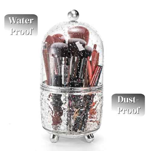 Rotating Makeup Brush Holder, Dustproof Cosmetic Tools Organizer with Lid, 360¡Æ Spinning Covered Brushes Storage with Anti-slip Pads for Vanity, Bathroom Countertop & Bedside Table, Clear