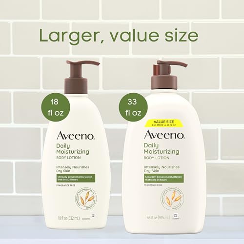 Aveeno Daily Moisturizing Body Lotion with Soothing Prebiotic Oat, Gentle Lotion Nourishes Dry Skin, Paraben-, Dye- & Fragrance-Free, Non-Greasy & Non-Comedogenic, Value Size, 33 fl. oz
