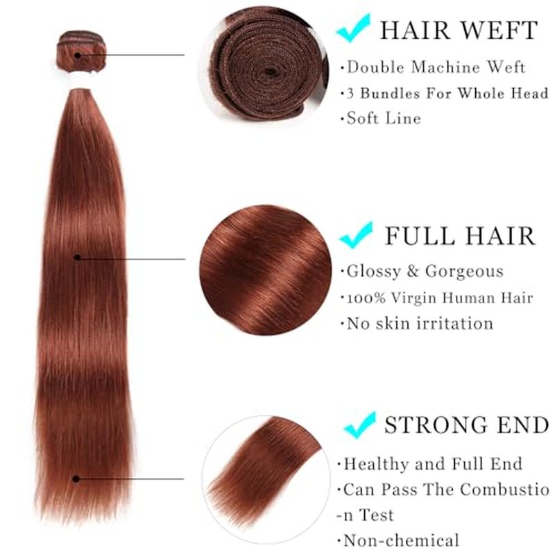 ijoy Reddish Brown Straight Human Hair 3 Bundles with Closure for Women 10 12 14 +C8 Inch 100% Virgin Remy Hair Bundles Human Hair Straight Hair Extensions Chocolate Brown Color