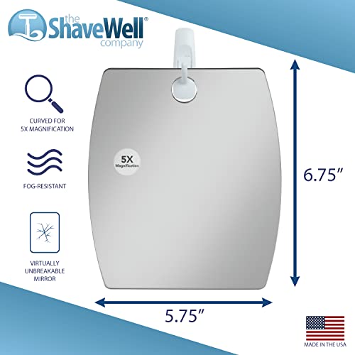 Shave Well Magnifying Anti-Fog Hanging Shower Mirror for Shaving | Curved Design for 5X Magnification | Light and Virtually Unbreakable | Includes Long-Lasting Removable Adhesive Hook