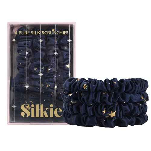 SILKIE x4 Set 100% Pure Mulberry Silk Purple Christmas Scrunchies Travel Pouch Silk Everyday Hair Ties Hair care Ponytail Holder (Stargazer)