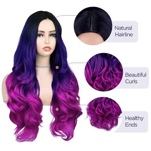 Quantum Love Long Purple Wavy Wigs Ombre Purple Body Wave Mermaid Hair Wig for Women Middle Part Colorful Curly Synthetic Hair for Halloween Cosplay Daily Party Use