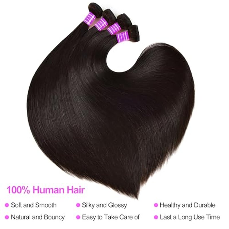 12A Human Hair Bundles Straight 4 Bundles 100% Unprocessed Brazilian Virgin Hair Double Weft Bundles Deals Human Hair Straight Human Hair Extensions Natural Color (4 Bundles, 24242424)