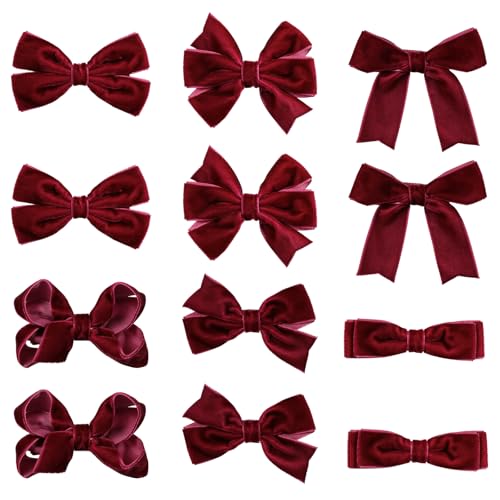Dark Red Velvet Ribbon Hair Bows 12pcs 3¡± Small Burgundy Dressy Bow Alligator Clips School Uniform Decor Accessories for Teen Toddler Girls Women Christmas Valentines Xmas Gift