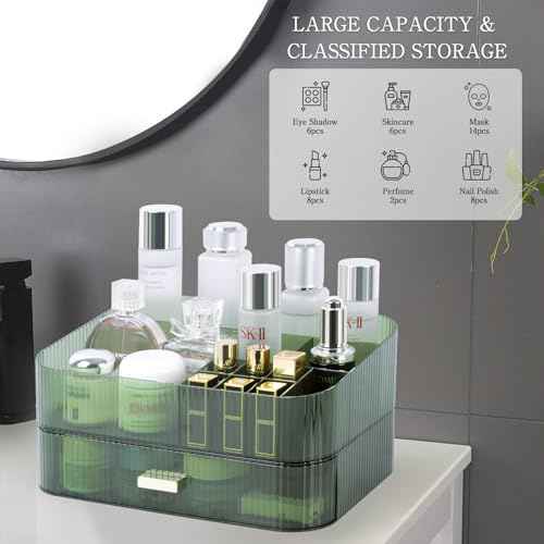 Makeup Organizer with Stackable Drawer, Large Capacity Vanity Organizer for Dresser Bathroom Countertop, Cosmetics Organizer and Display Case for Skincare, Perfume, Makeup Brushes, Lipsticks, Green