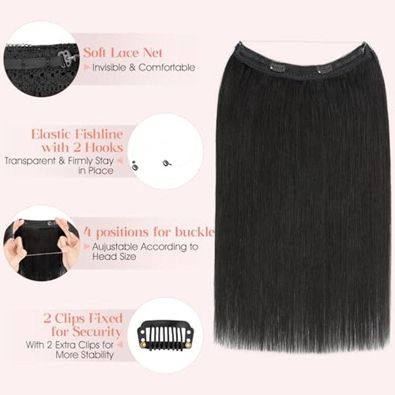 Hairro Wire Hair Extensions Human Hair, Fish Line Invisible Adjustable & Clips in Extensions Straight, 100% Real Hairpieces Seamless Blending for Women, 18 Inch 80g Jet Black