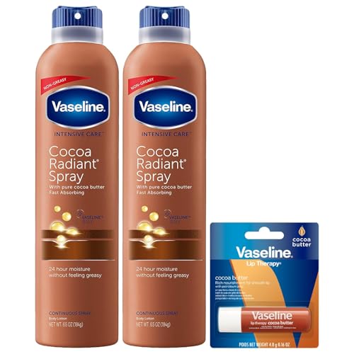 Vaseline Cocoa Radiant Spray 2-Pack for Dry Skin + Vaseline Lip Therapy Cocoa Butter Lip Balm (3 Piece Set)