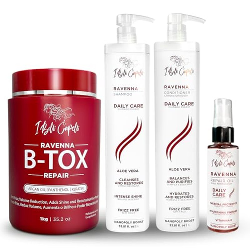 I Belli Capelli Ravenna Hair Straightening Kit ? Repair Hair B-tox, Aloe Vera Shampoo & Conditioner, Repair Oil ? Intense Hydration, Shine ? Formaldehyde-Free ? For All Hair Types (4-Pack)
