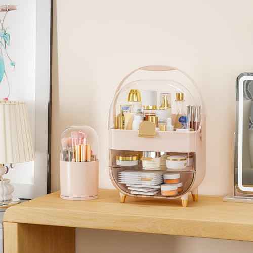 Yieach Countertop Makeup Organizer for Vanity,Large Capacity Skincare Organizers With Drawers and Makeup Brush Holder,Cosmetic Display Cases with Clear Cover for Bathroom,Dresser,Beauty Product,Pink