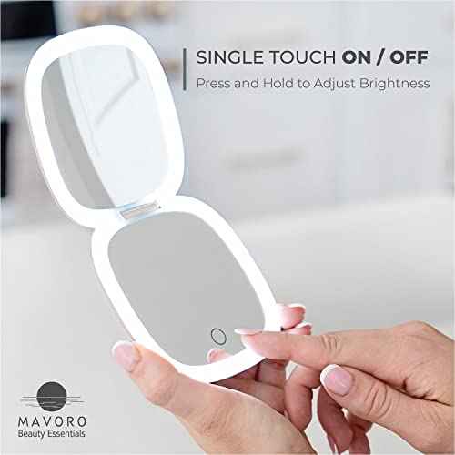 Mavoro LED Lighted Travel Makeup Mirror | 1x/10x Magnification | Rechargeable USB-C | Pocket & Purse Portable Lighted Travel Makeup Compact Mirror, Touch Sensor (Champagne Gold)