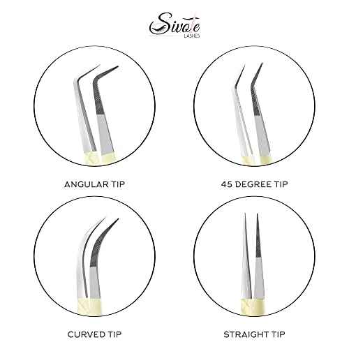 SIVOTE Fiber Tips Lash Tweezers for Eyelash Extensions, Set of 4, Curved, Dolphin, 90 Degree & 45 Degree Tweezer, Vanilla