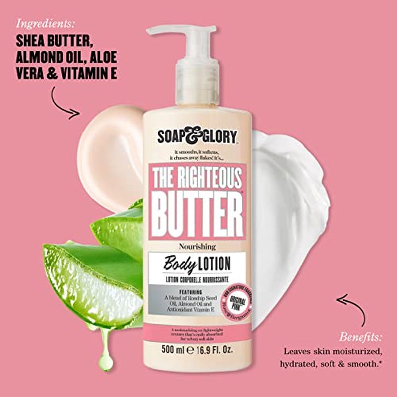 Soap & Glory Original Pink Moisturizing Body Lotion Pump - Lightweight Body Moisturizer for Dry Skin - With Shea Butter, Vitamin E & Aloe Vera for Soft, Hydrated Skin - Rose & Bergamot (16.9 fl oz)