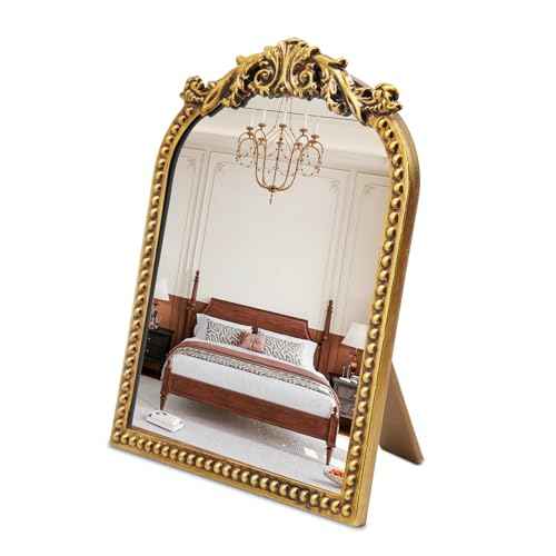 Vintage Makeup Mirror, 12.1"x9.8" Antique Gold Vanity Mirror, Arched Standing Tabletop Mirrors for Dresser, Baroque Ornate Decor for Desk Living Room,Bedroom