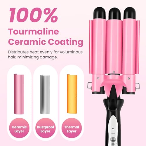 3 Barrel Curling Iron - 1" Professional Ceramic Hair Crimper with Dual Voltage & 2 Temperature Settings | 25mm Triple Barrel Waves Wand for Fast Heating Styling | Pink