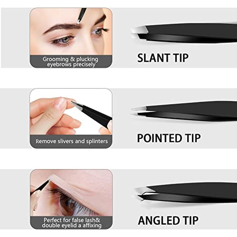 Tweezers Set, Professional Stainless Steel Tweezers for Eyebrows, Great Precision for Facial Hair, Splinter and Ingrown Hair Removal (3 Count / 3.8inch, Black)