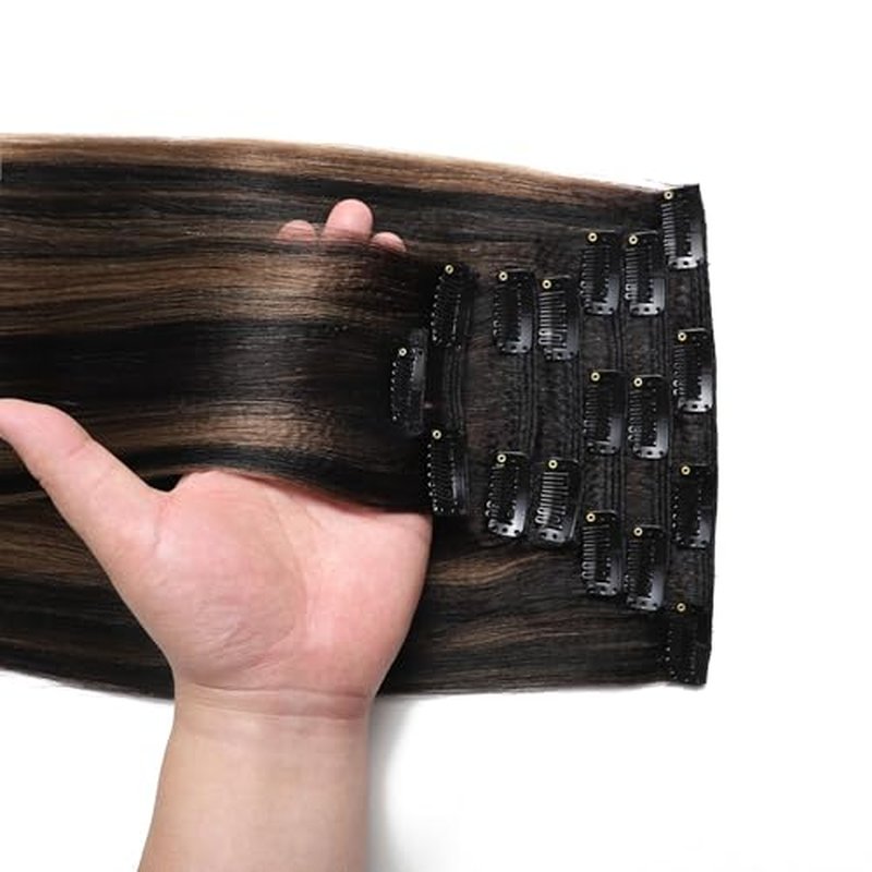 Loxxy Light Yaki Clip Ins Human Hair, Natural Black Mixed Chestnut Brown Color, Natural Look Yaki Straight Clip Ins Ideal for Black Women 22 Inches 7Pcs 120g