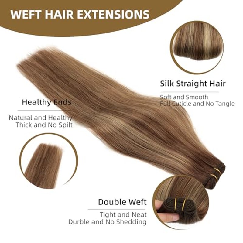 Sew in Hair Extensions Real Human Hair, 110g 20 inch Ombre Color 4/27/4 Balayage Chocolate Brown to Caramel Blonde Double Weft Weave Bundles Remy Human Hair Extensions Straight