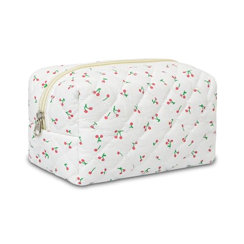 Quilted Makeup Pouch,Cotton Puffy Makeup Bag, Coquette Cosmetic Bag for Women and Girls, Aesthetic Organizer Bag, Cute Flower Travel Toiletry Bag