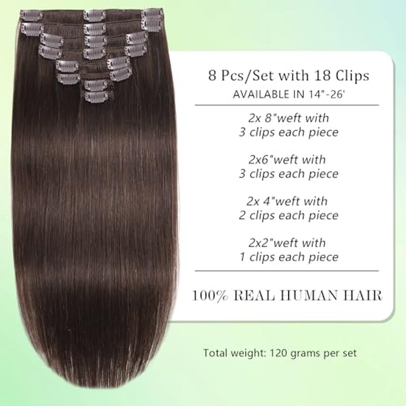 Clip in Hair Extensions real Human Hair Dark Brown Natural #2 24 Inch 120g 8pcs 18/613 Human Hair Clip in Extensions Straight Hair Extensions Clip ins Dark Brown Natural 100% Human Hair for Women