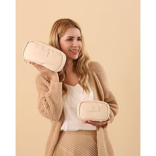 Pocmimut Makeup Bag,2 Pack Open Flat Small Makeup Pouch with Large Cosmetic Bag Travel Essentials Organizer with Divider,Beige