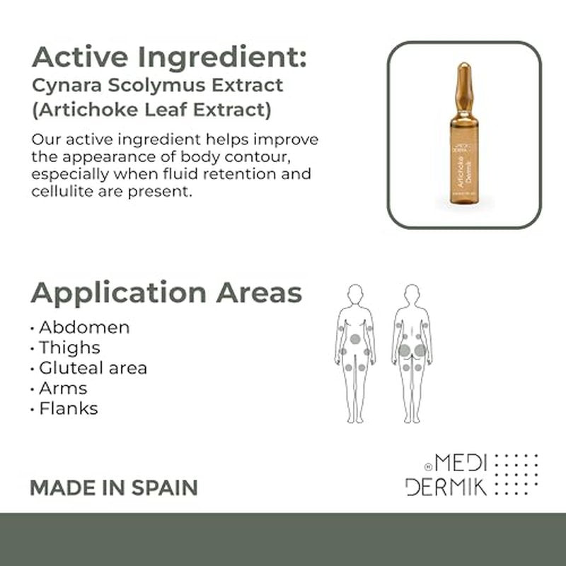 MEDIDERMIK ARTICHOKE. The artichoke extract is used in cellulite treatments. Aestheticians' favorite liquid ampoules. 20 x 5 ml / 20 x 0,17 fl. oz