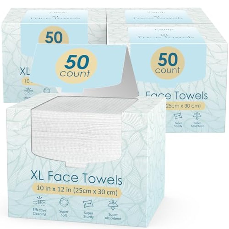 200 Count (4 Box) XL Disposable Face Towels 10¡± x 12¡±, 100% Viscose Fibre, Soft & Skin Friendly Face Towelettes Disposable, Facial Tissue Wipes for Women Cleansing