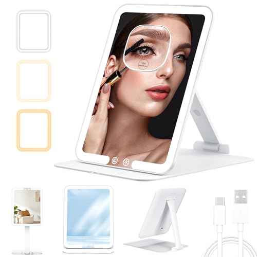 Travel Makeup Mirror with Light, Portable Folding Make Up Tabletop Mirror with 3 Colors Light Modes & 10X Magnifying Mirror, Rechargable Vanity Mirrors with Adjustable Stand