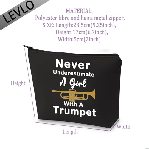 LELVO Funny Trumpet Gift Never Underestimate A Girl With A Trumpet Makeup Bags Trumpet Lovers Zipper Pouch (Girl With A Trumpet+black)
