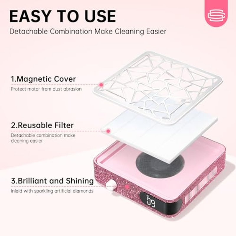 Nail Dust Collector, Cordless Dust Collector Nail Tech, Powerful Vacuum Fan Vent Dust Collector Extractor Dust Suction Machine for Acrylic Nails Polishing, Nail Salon, Pink Diamond
