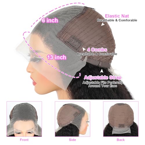 13x6 Lace Front Wigs Human Hair Curly Afro Wig Human Hair Afro Kinky Curly Transparent Lace Frontal Wigs Human Pre Plucked Knots Bleached 200% Density Natural Black 18 Inch