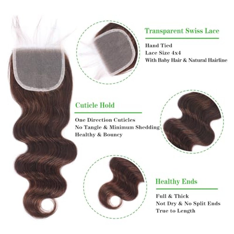 Kapelli Hair Brazilian Body Wave Bundles with Closure (14 16 18+12) 10A Light Brown Body Wave Human Hair Bundles with Lace Closure Brazilian Virgin Hair 3 Bundles with Lace Closure with Baby Hair