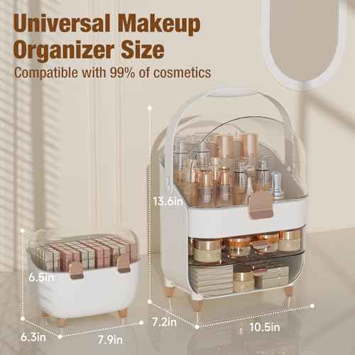 Makeup Organizer for Vanity, Skincare Organizer with Drawers, Storage Box with Handle, Cosmetic Display Cases for Dresser, Bathroom, Countertop, Christmas Gifts for Teen Girls(Rose Gold)